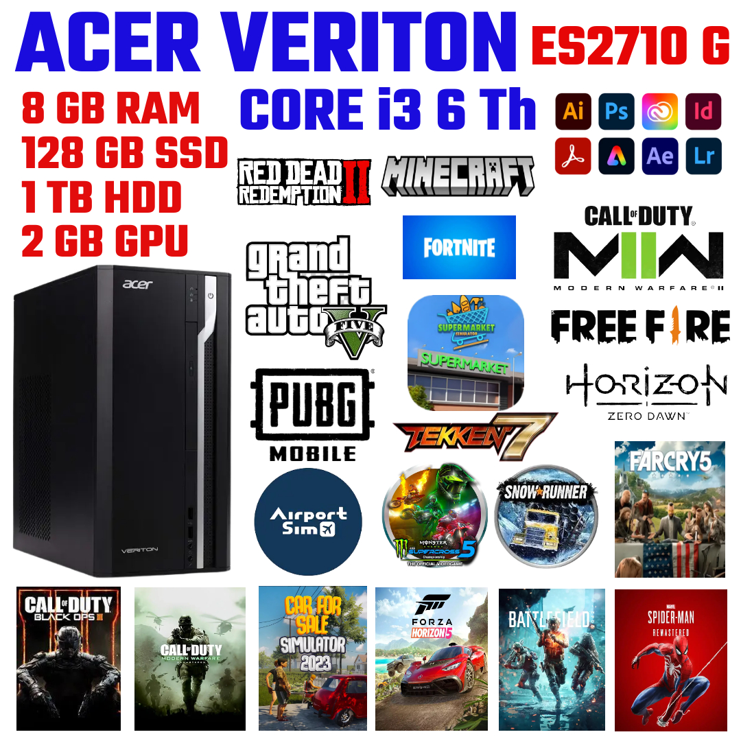 ACER VERITON CORE I3 6th , 8GB DDR4 RAM, 128GB SSD, 500GB HDD, 2GB graphic card
